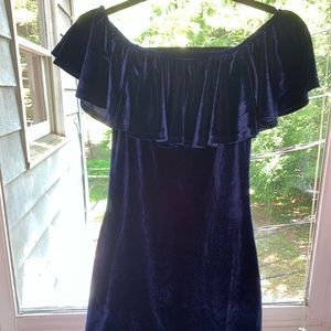 Off shoulder, velvet royal blue dress